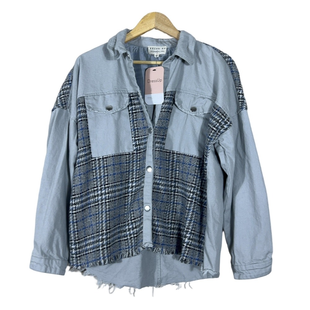 NWT Dress Up Plaid Mixed Media Shacket Tweed Denim Jacket Blue Boho Size S